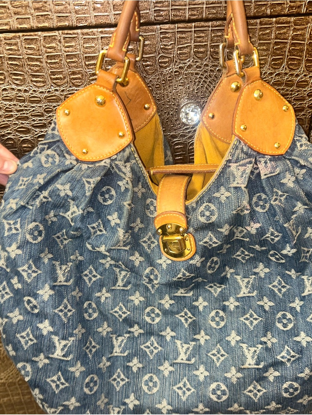 Louis Vuitton Blue Denim Monogram Hobo with Tan Leather Trim - Picture 2 of 6
